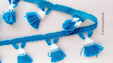 Blue and White Tassel With Blue Thread Lace Trim, Fringe Trim, Tassels